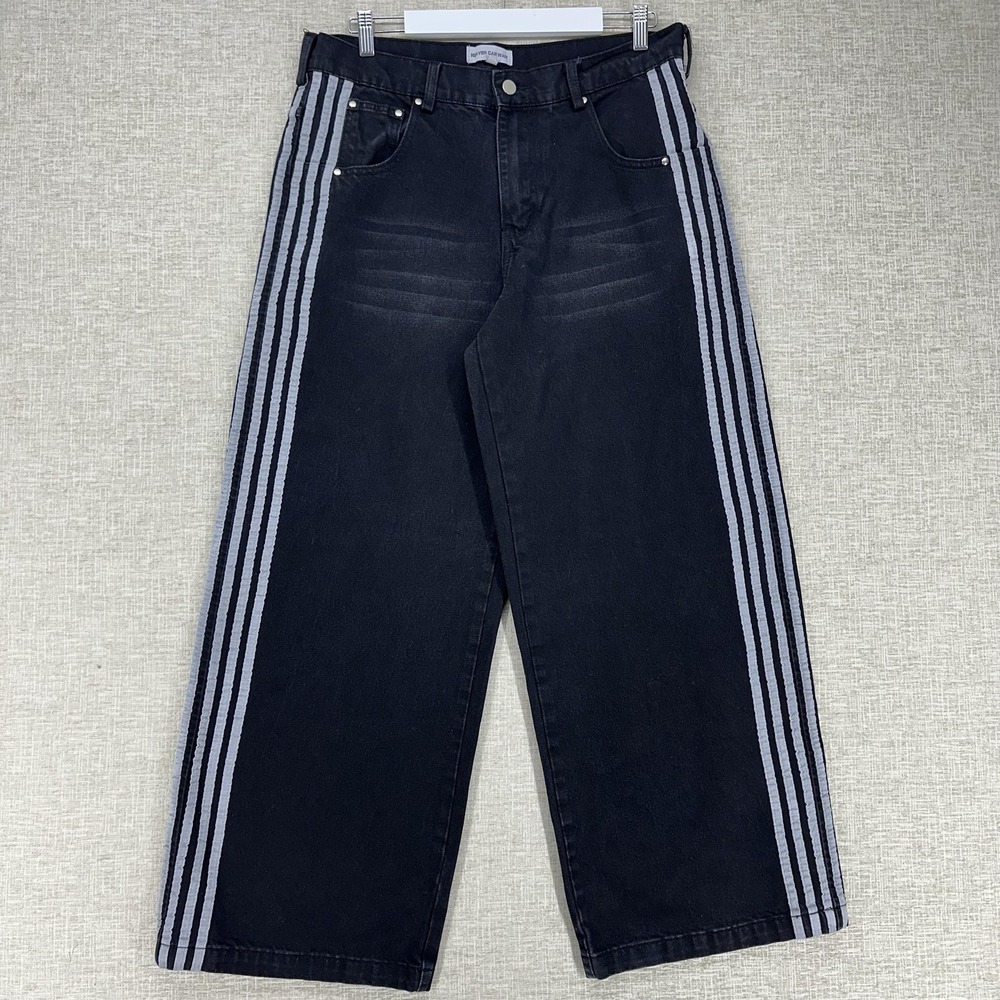 Heaven Can Wait Jeans Mens Medium Black Dark Wash Relaxed Wide Leg Stripe Denim